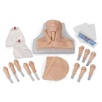 The Life/form Cricothyrotomy Simulator by AED Shop includes a neck model, lubricating jelly, and various accessories specifically designed for emergency medical training.